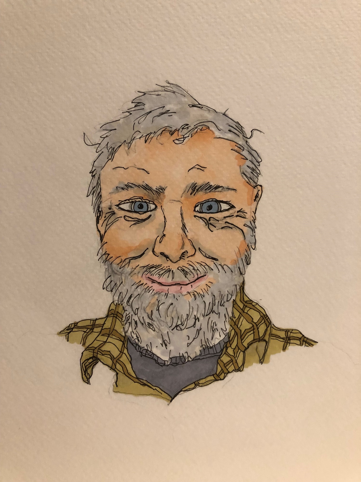 Ian Cunliffe self-portrait sketch. This color pen and ink sketch depicts a white man with blue eyes, short grey hair, and a grey beard. He is smiling with a closed mouth.