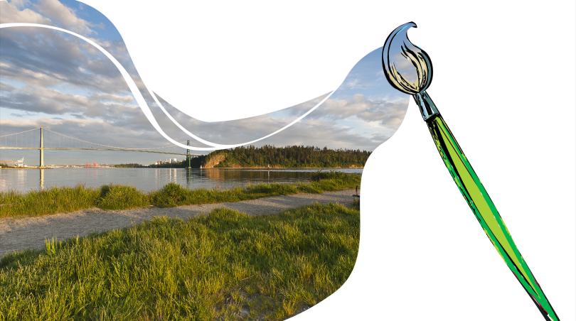 Paintbrush crossing an image of the Lions Gate Bridge